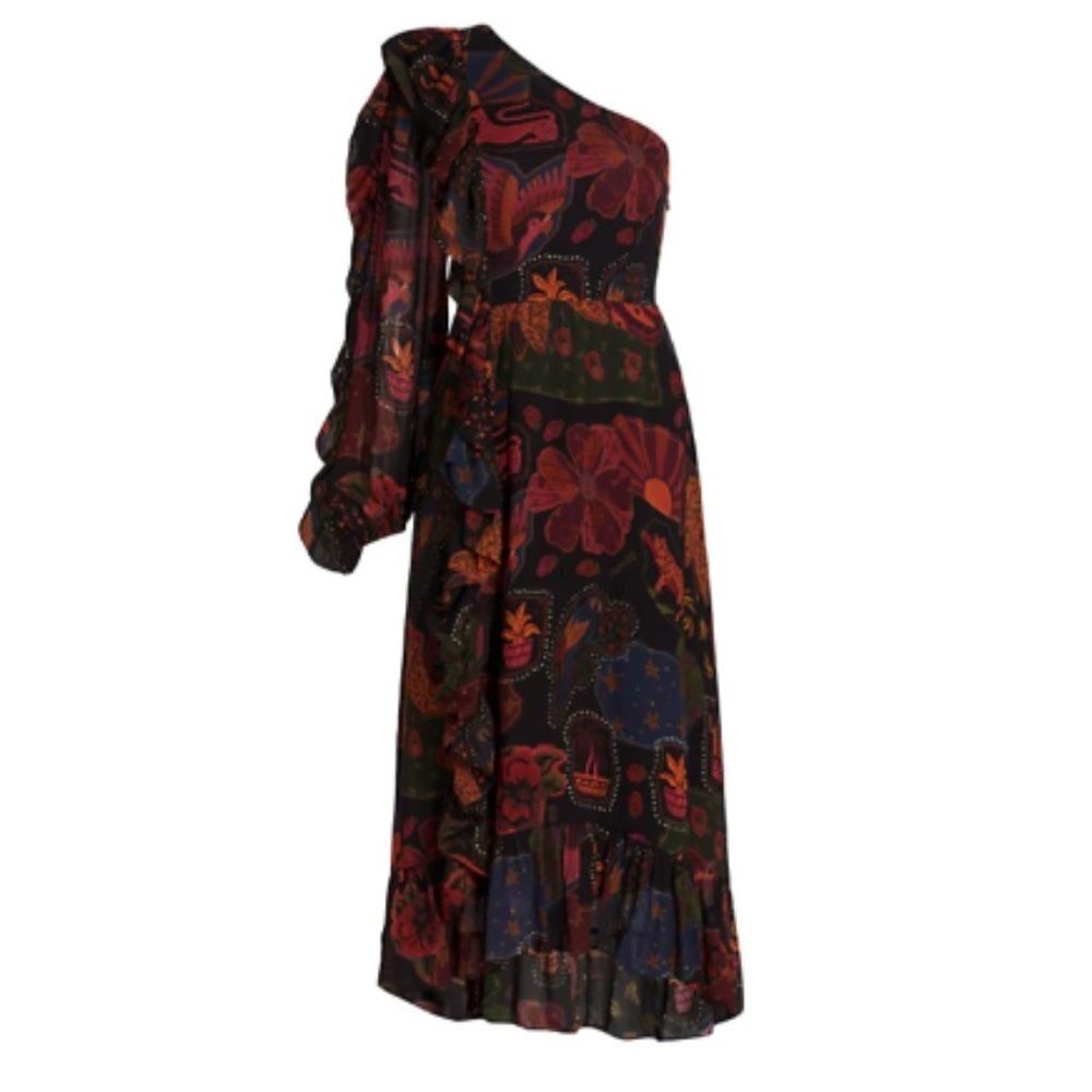 Farm Rio Mixed Scarves One Shoulder Ruffle Midi Dress Black Boho NWT S